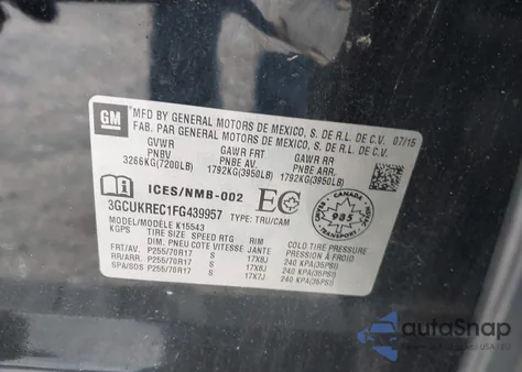 2015 Chevrolet Silverado 1500 1Lt/2Lt из США, поврежденный, VIN 3GCUKREC1FG439957